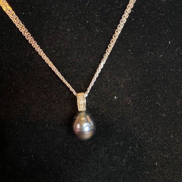 18-inch sterling silver 925 necklace 3 delicate chains black pearl pendant 3 dia - Picture 3 of 6